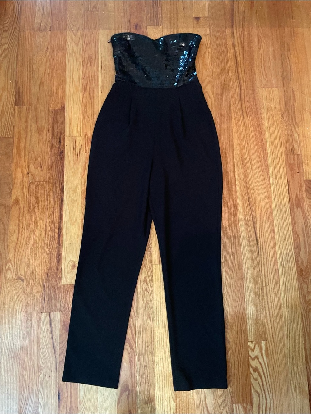 Express Strapless Sequin Bust Jumpsuit in Black